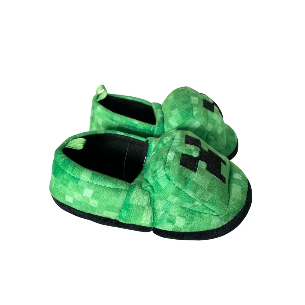 Minecraft Creeper Kids Plush Slippers Green Pixelated House Shoes Size 12-13